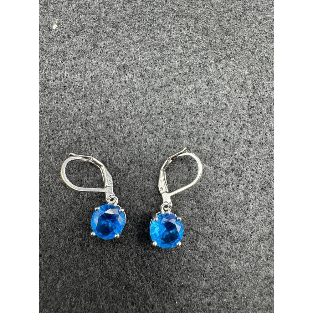 Blue Faceted Round Stone Dangle Earrings Silver Tone Leverback New